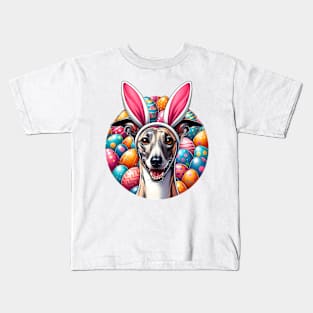 Whippet with Bunny Ears Enjoys Easter Egg Hunt Kids T-Shirt